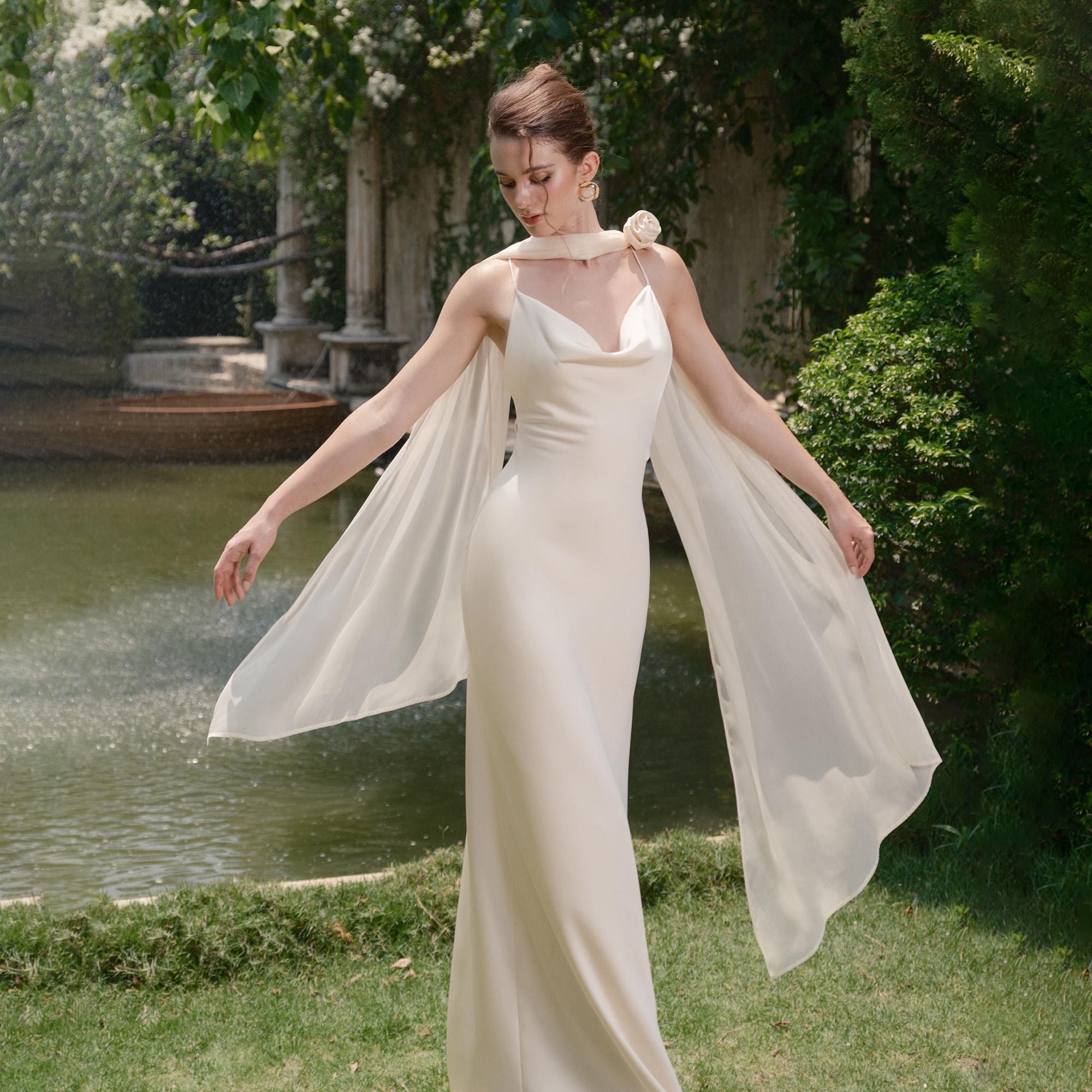 White Silk Cowl Neck Wedding Dress with Cape