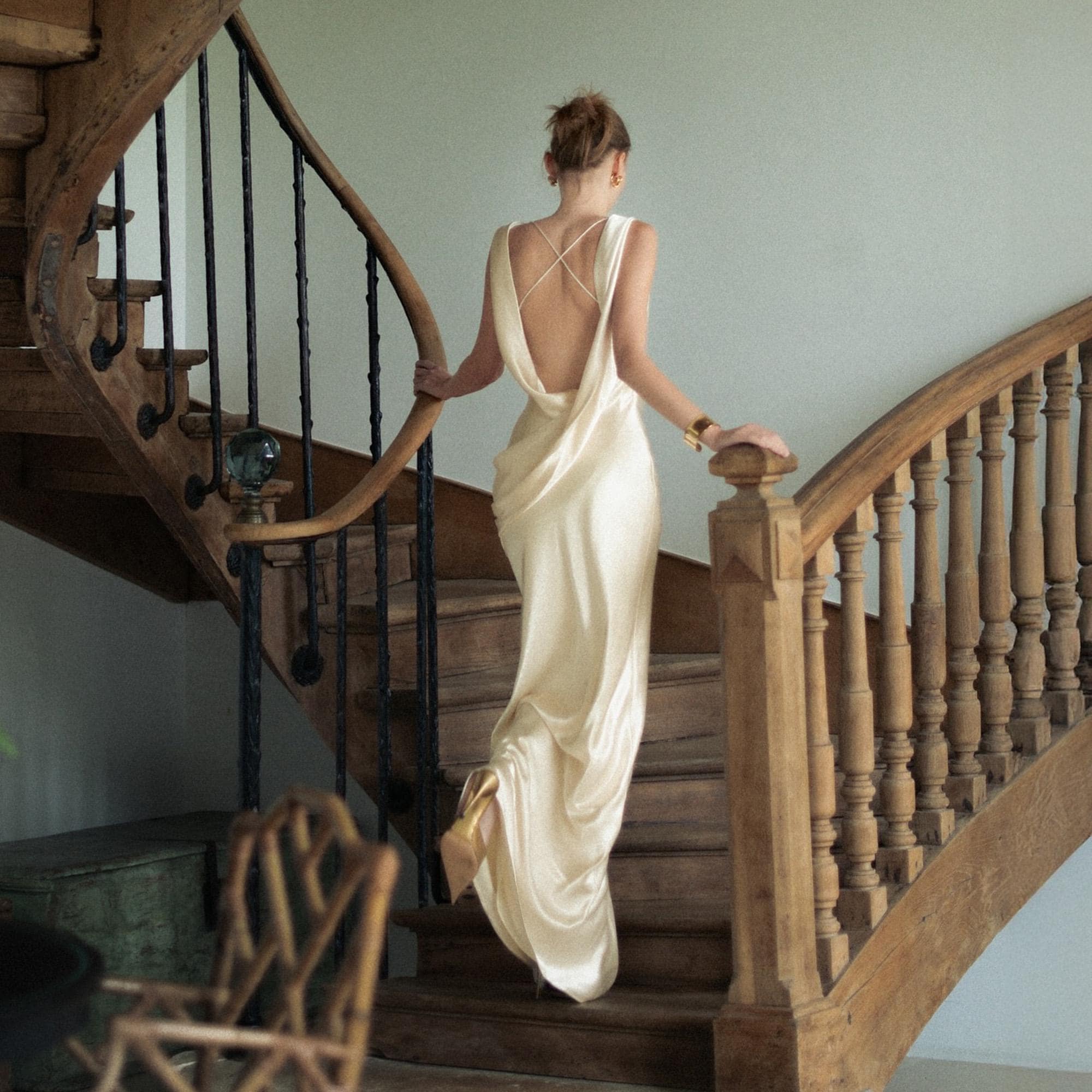 Silk Satin Backless Cowl Neck Minimalist Evening Gown