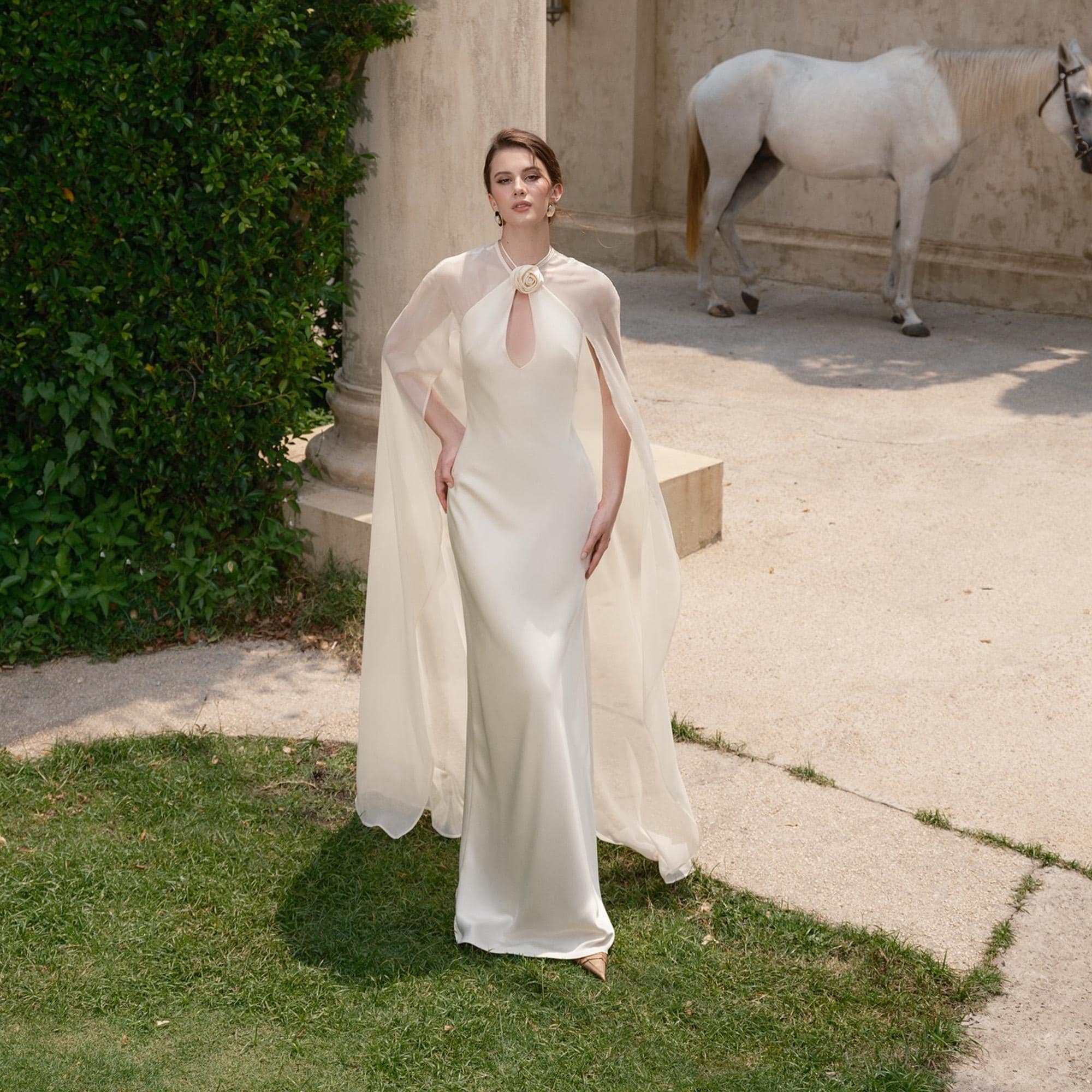 White Silk Cape Wedding Dress High Neck Elegant Maxi Gown