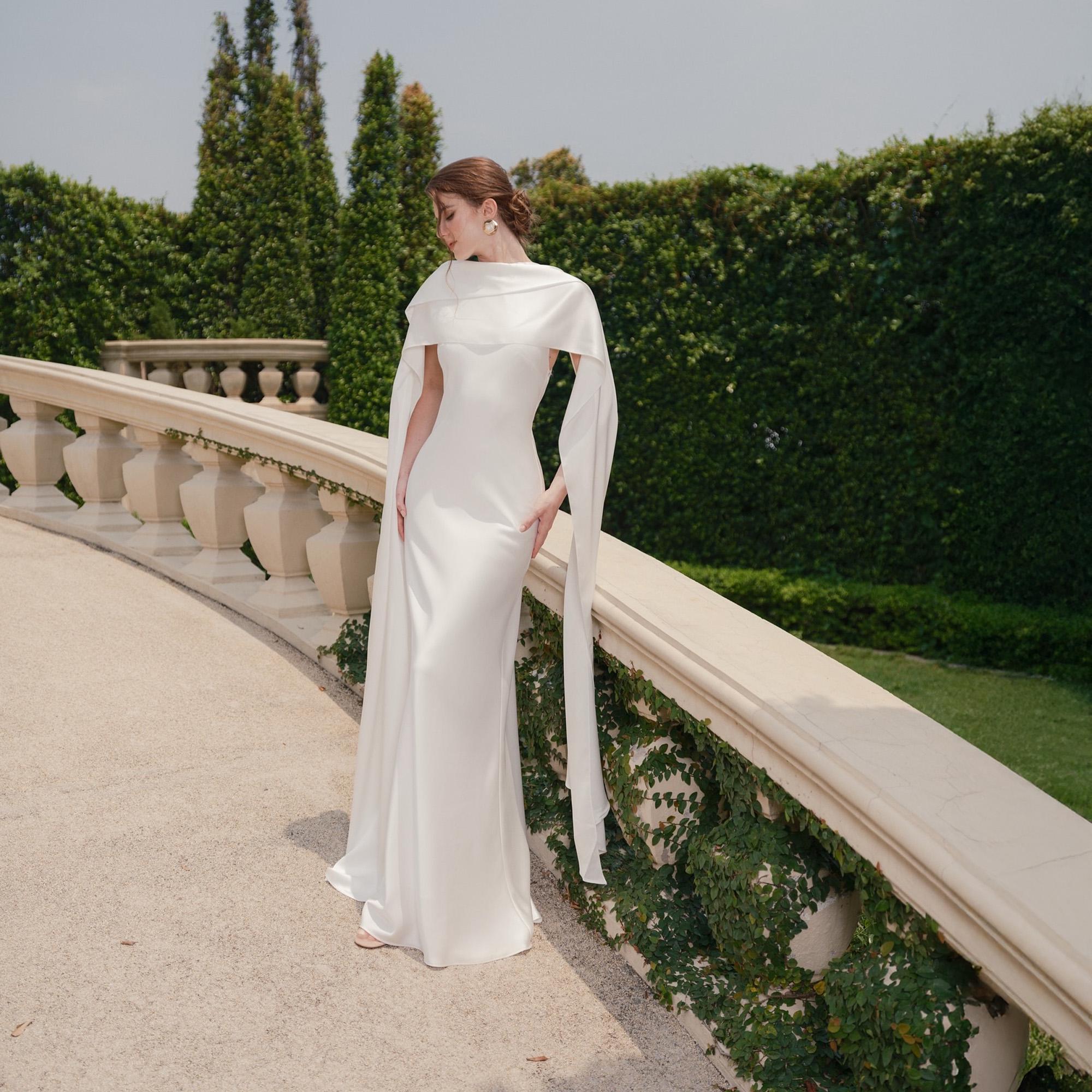 Silk Wedding Dress with Detachable Scarf Minimalist White Long Satin Bridal Gown