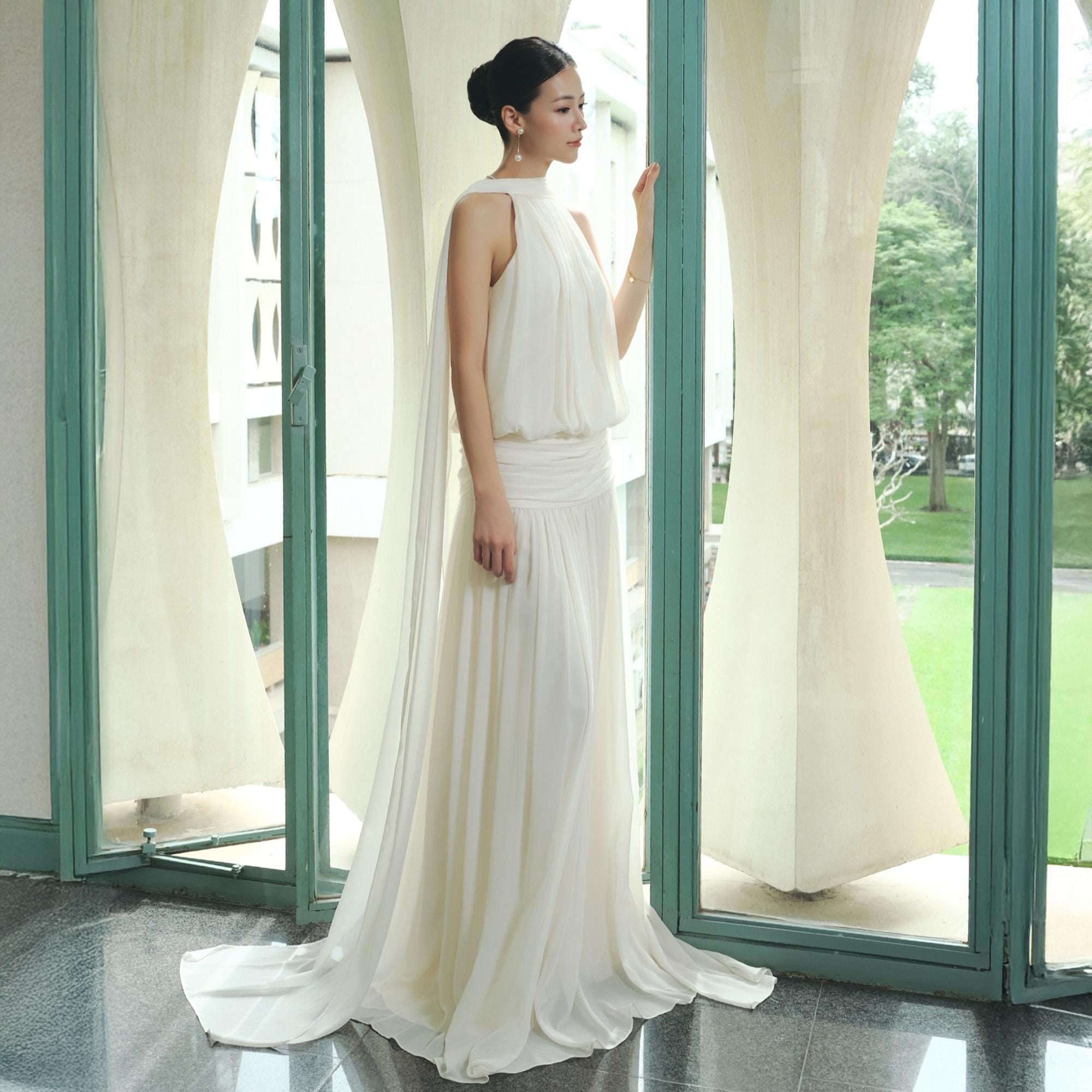 Backless Silk Chiffon Halter Neck Long Wedding Guest Gown
