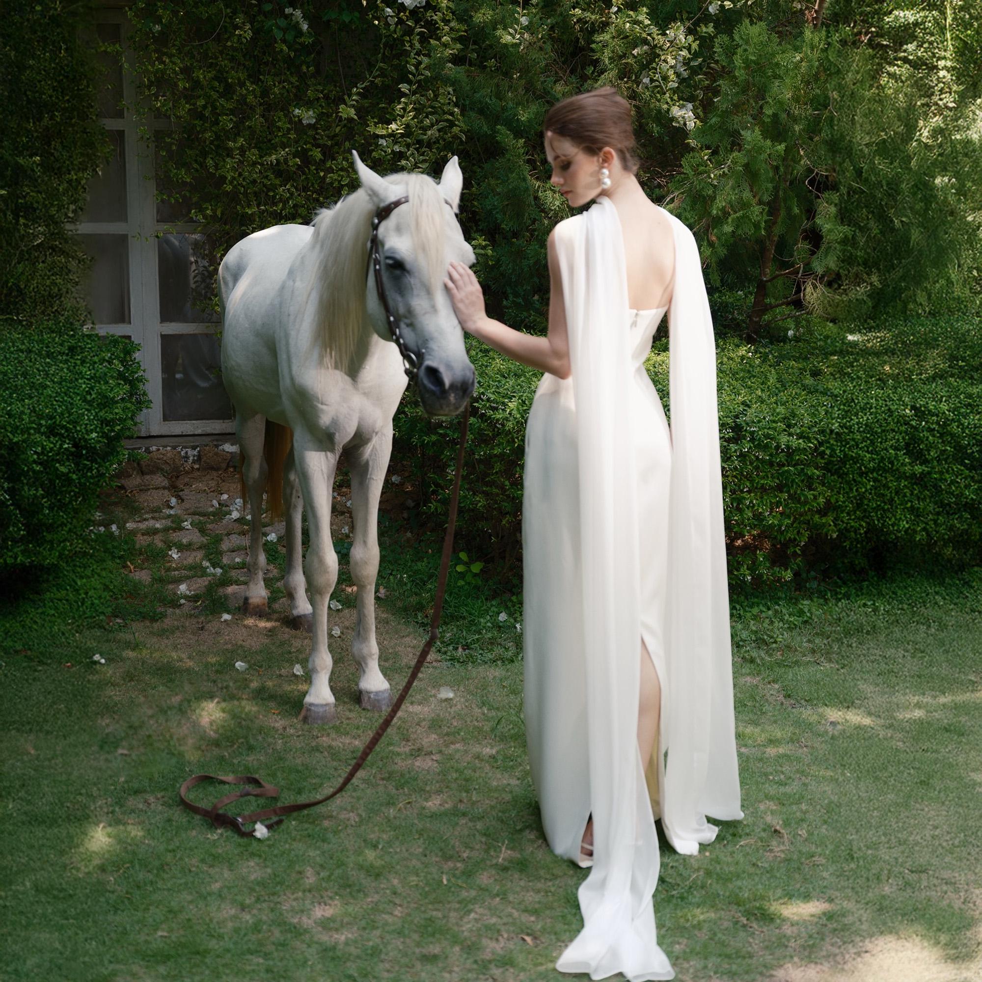 Silk Strapless Dress with Cape Minimalist Wedding and Elegant Evening Gown