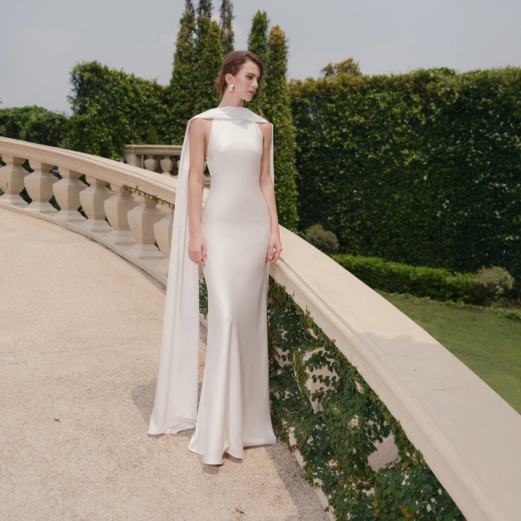 Silk Wedding Dress with Detachable Scarf Minimalist White Long Satin Bridal Gown