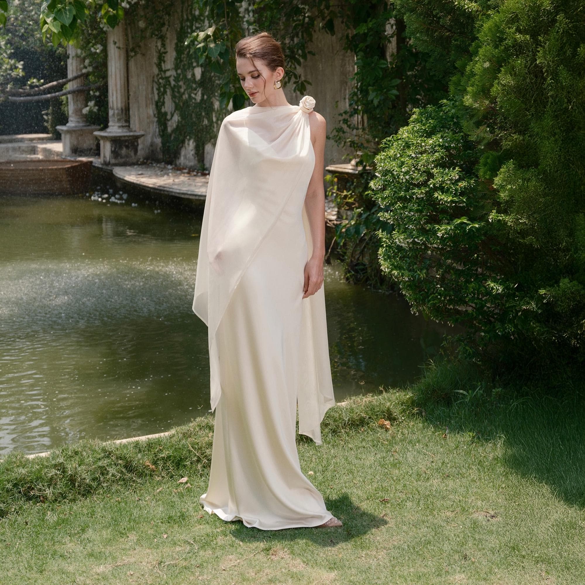 White Silk Cowl Neck Wedding Dress with Cape