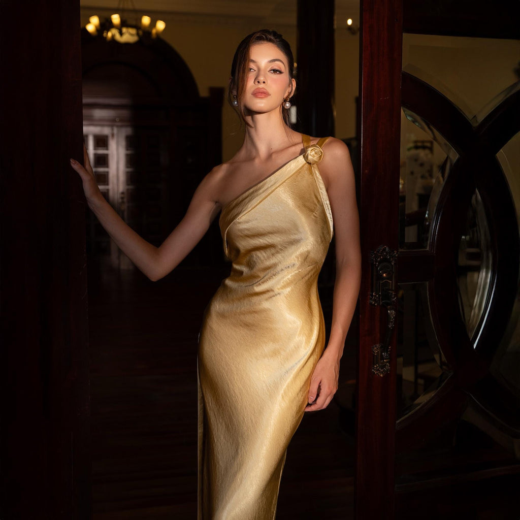 Giwynn Golden One-Shoulder Silk Dress in Pearl Charmeuse