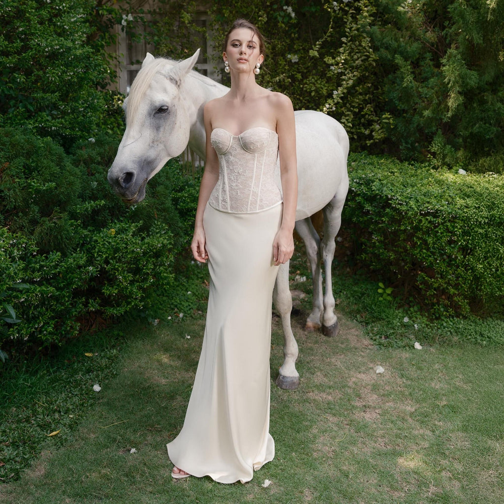 Giwynn White Lace Corset Silk Skirt Bridal Set Minimalist Look