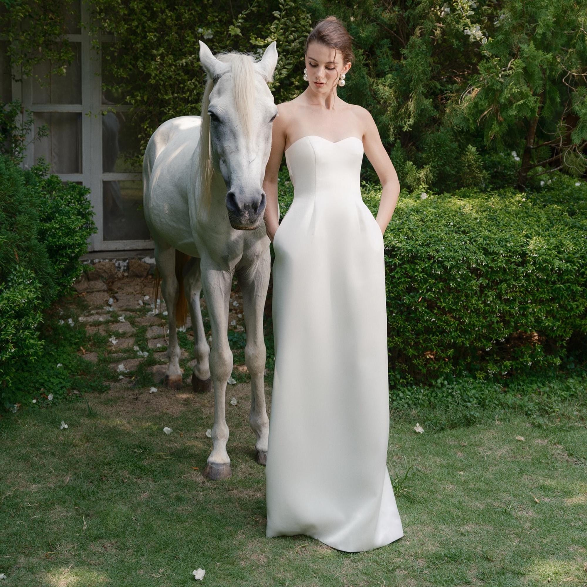 Silk Strapless Dress with Cape Minimalist Wedding and Elegant Evening Gown