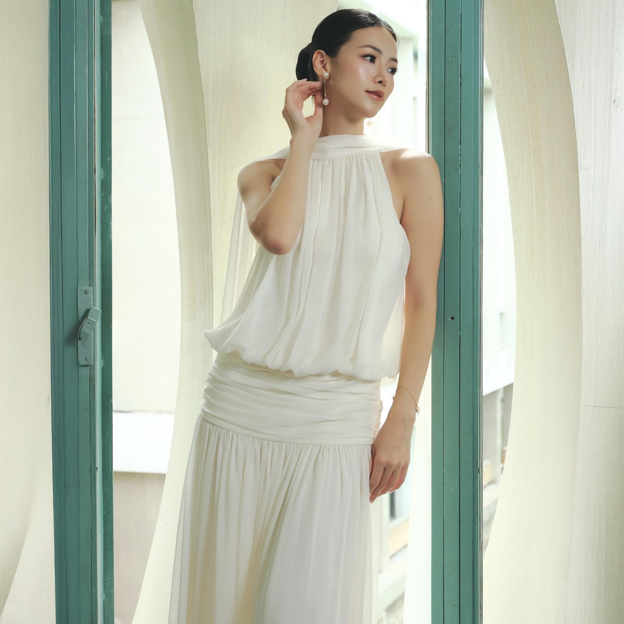 Backless Silk Chiffon Halter Neck Long Wedding Guest Gown