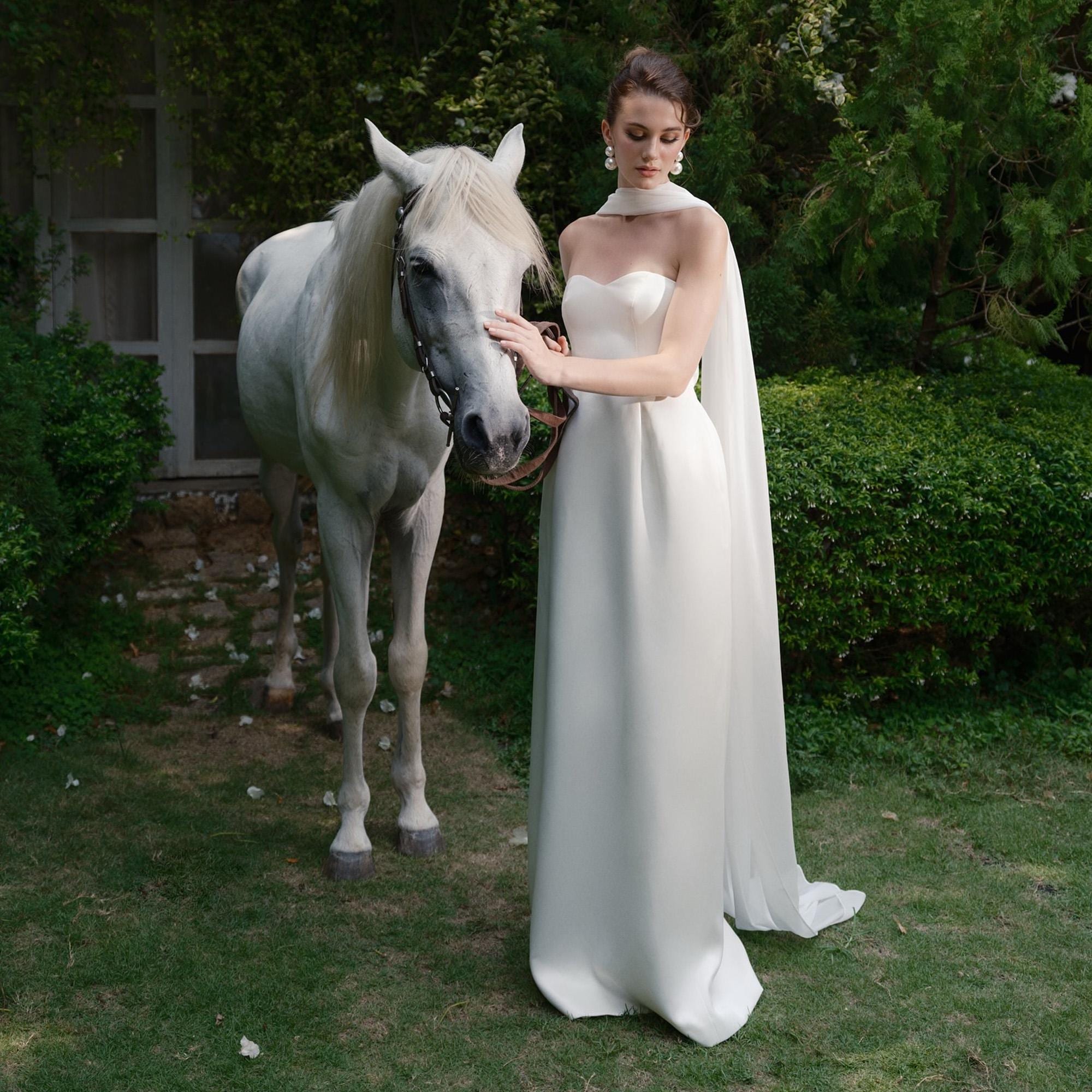 Silk Strapless Dress with Cape Minimalist Wedding and Elegant Evening Gown