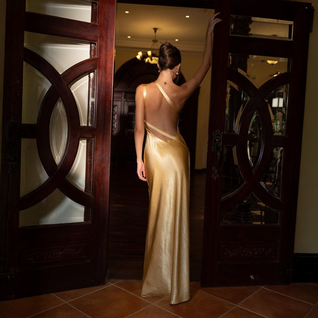 Giwynn Golden One-Shoulder Silk Dress in Pearl Charmeuse