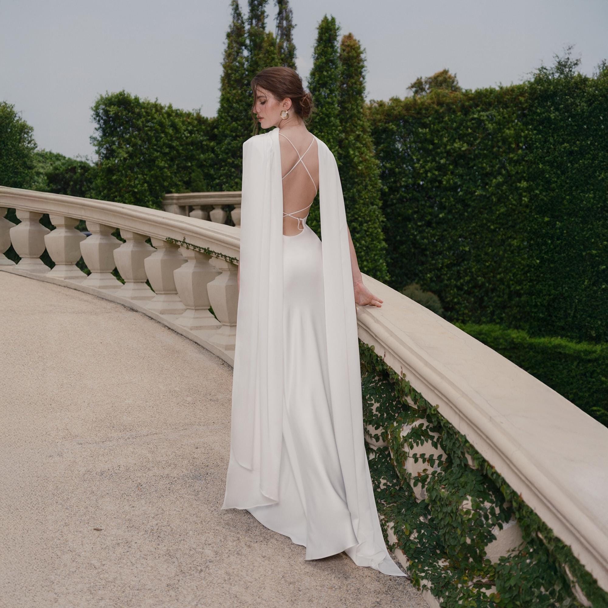 Silk Wedding Dress with Detachable Scarf Minimalist White Long Satin Bridal Gown