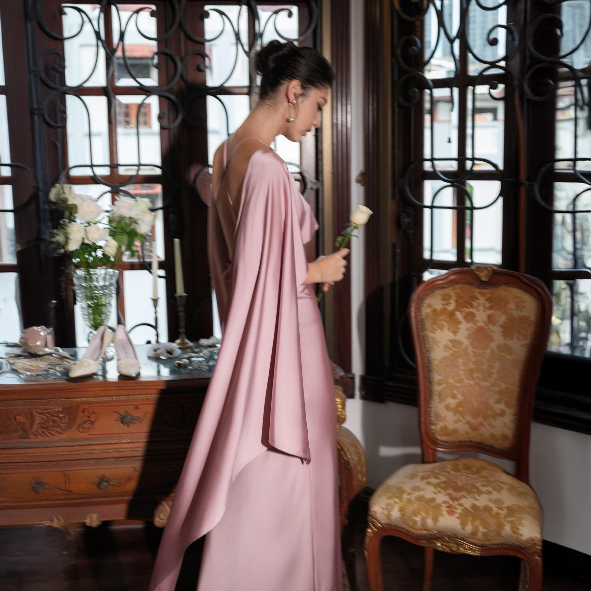 Pink Silk Dress with Sleeves Aurora Satin Evening Gown