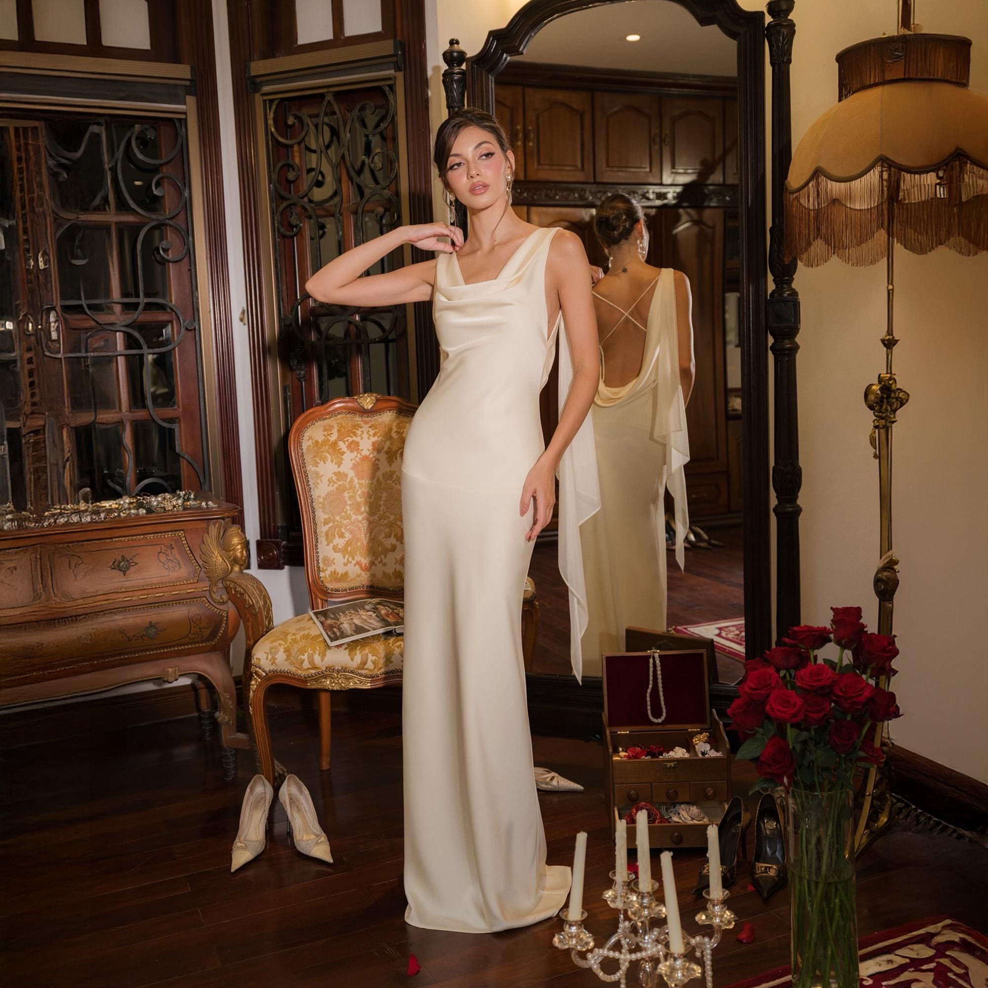 White Silk Maxi Dress Open Back Pure Silk Wedding and Bridesmaid Dress