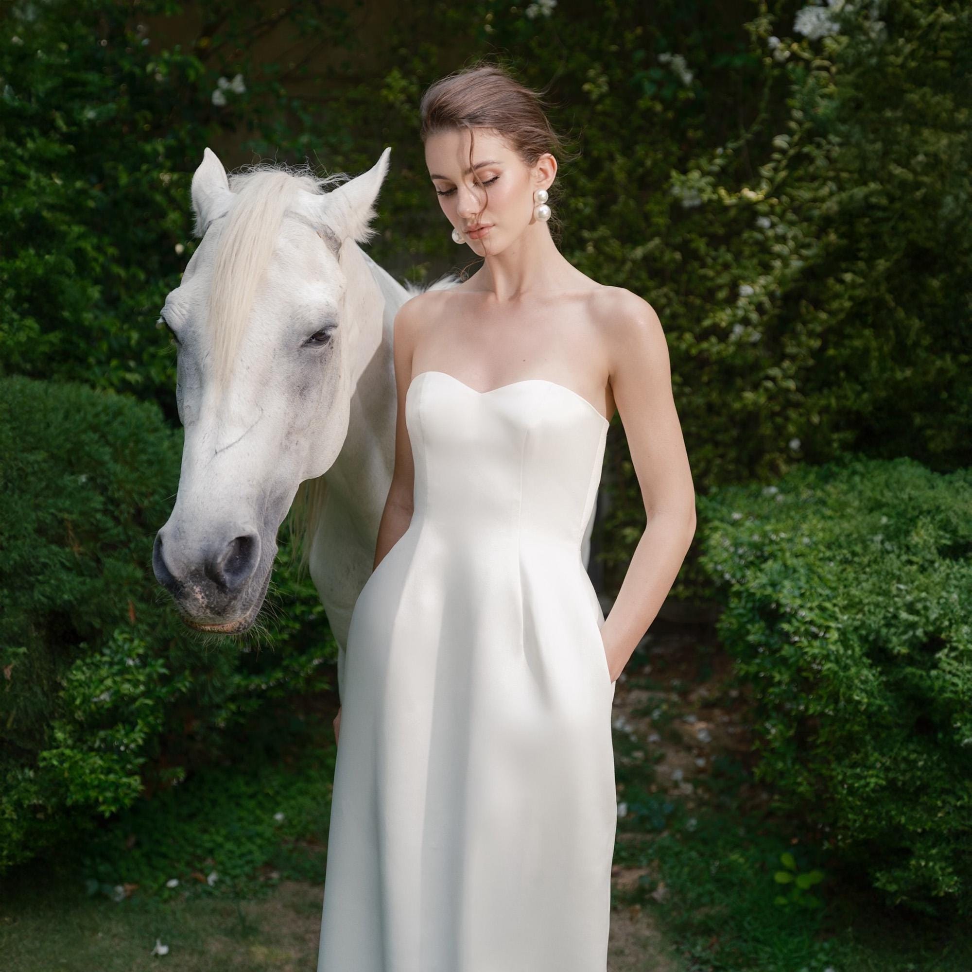 Silk Strapless Dress with Cape Minimalist Wedding and Elegant Evening Gown