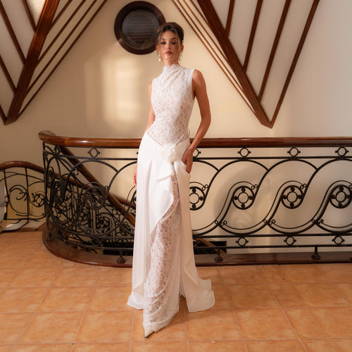 Celestia Lace Silk Wedding Dress White Silk- Charmeuse Bridal Gown with Draped Skirt