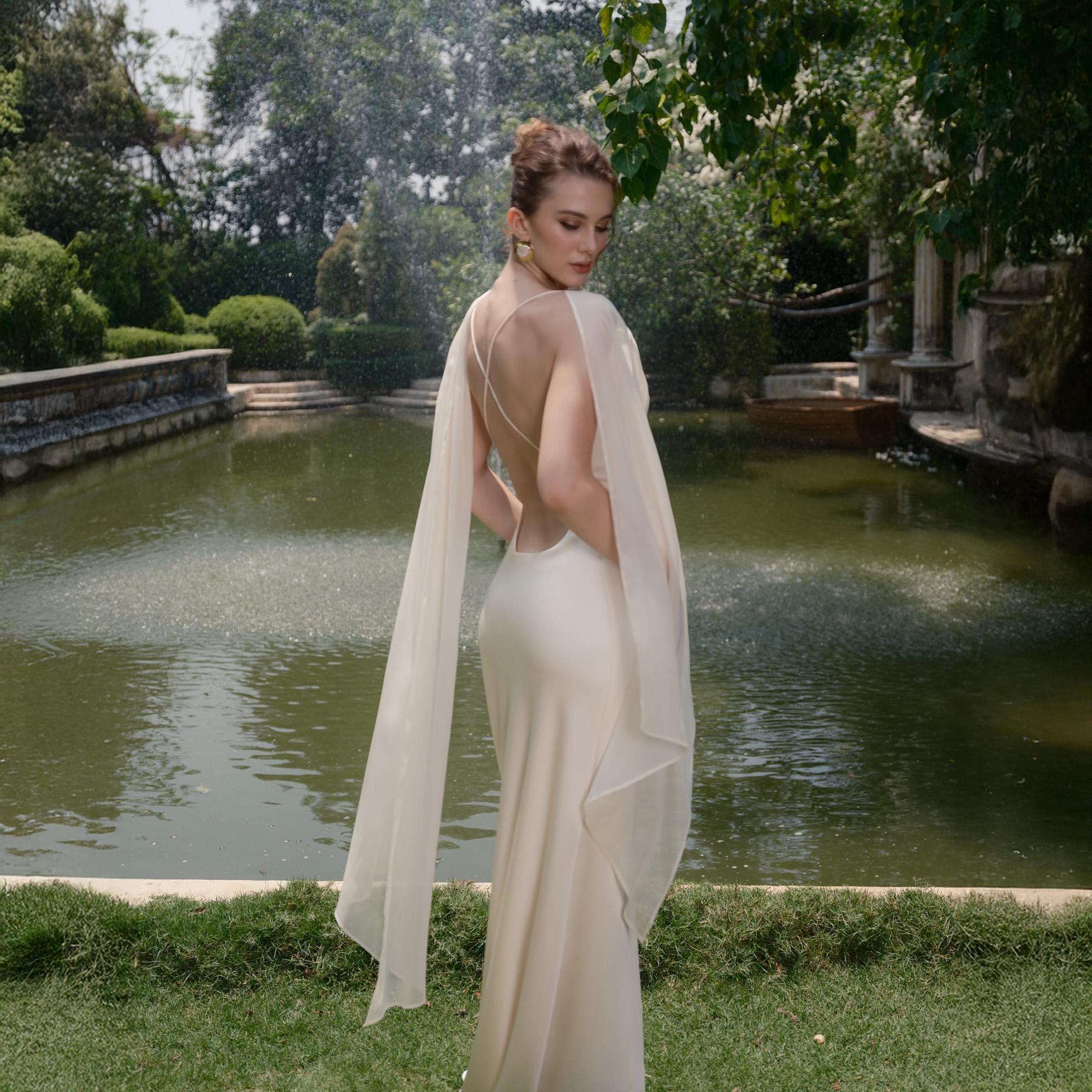 White Silk Cowl Neck Wedding Dress with Cape