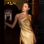 Giwynn Golden One-Shoulder Silk Dress in Pearl Charmeuse