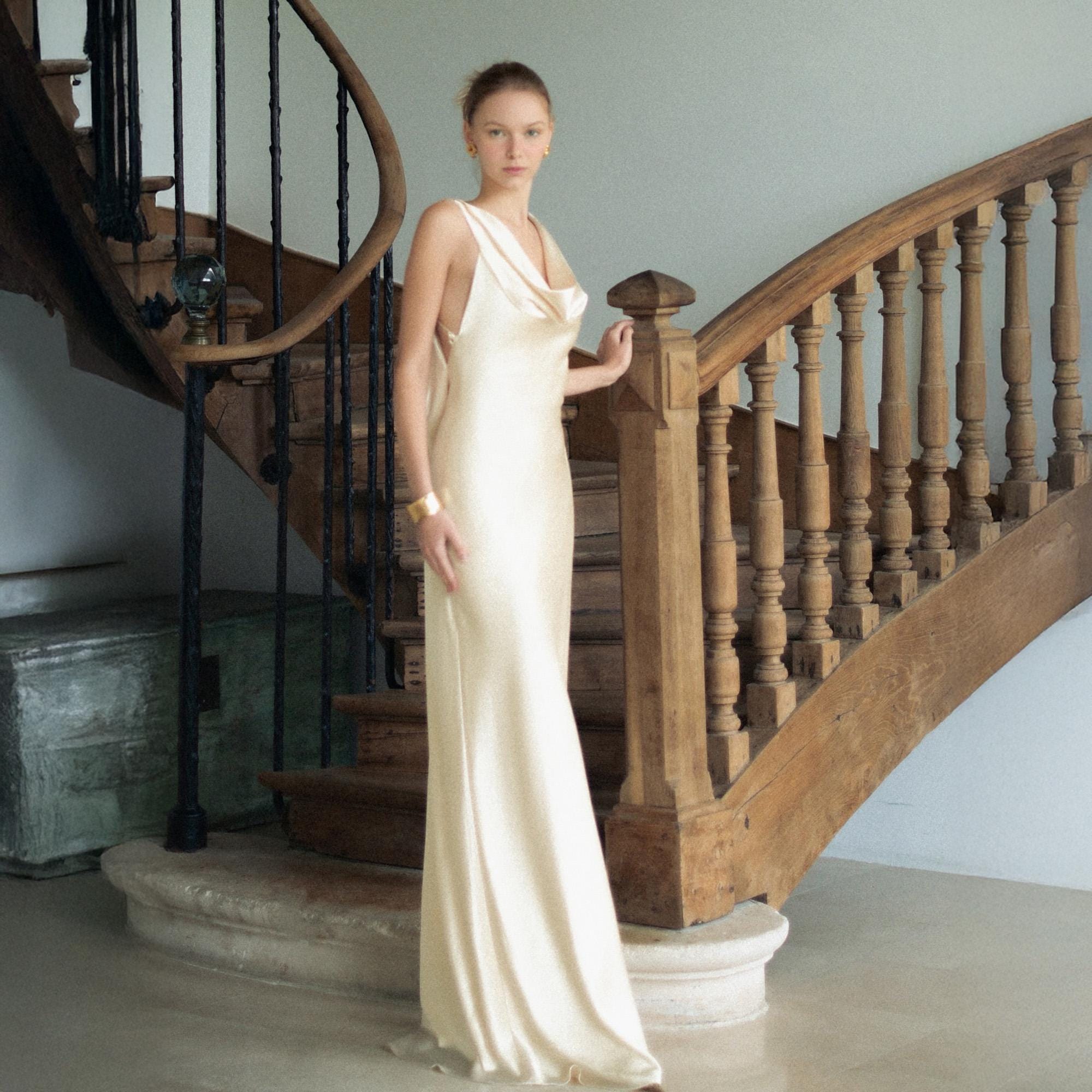 Silk Satin Backless Cowl Neck Minimalist Evening Gown