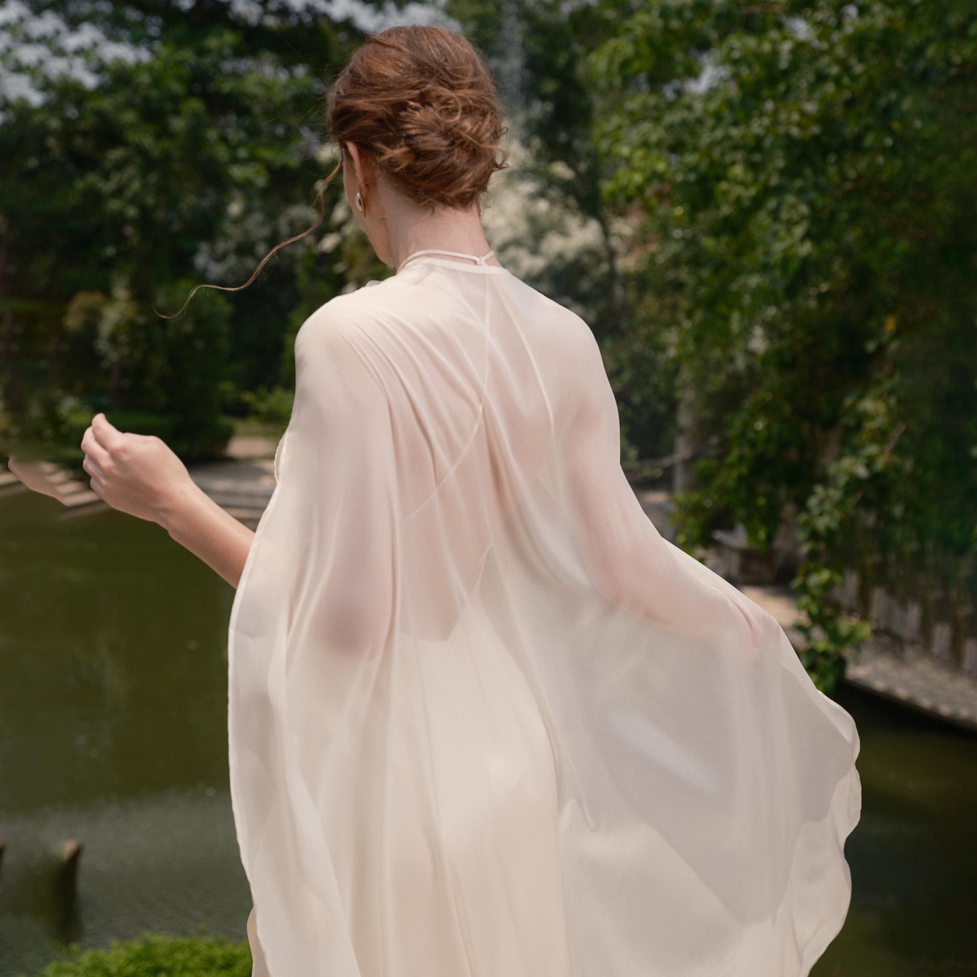 White Silk Cape Wedding Dress High Neck Elegant Maxi Gown