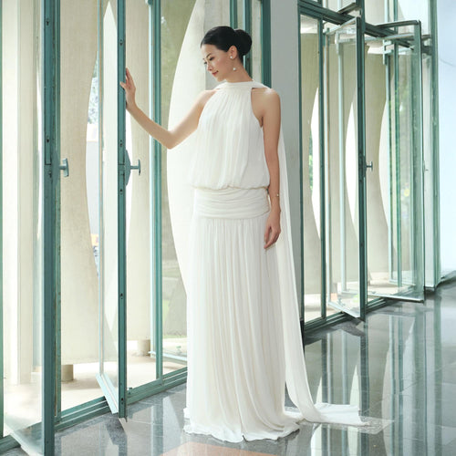 Backless Silk Chiffon Halter Neck Long Wedding Guest Gown