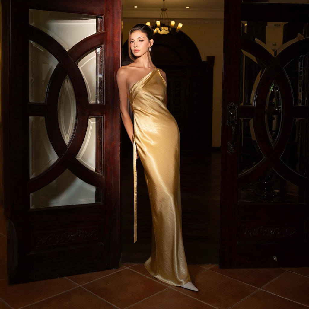 Giwynn Golden One-Shoulder Silk Dress in Pearl Charmeuse