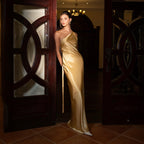 Giwynn Golden One-Shoulder Silk Dress in Pearl Charmeuse