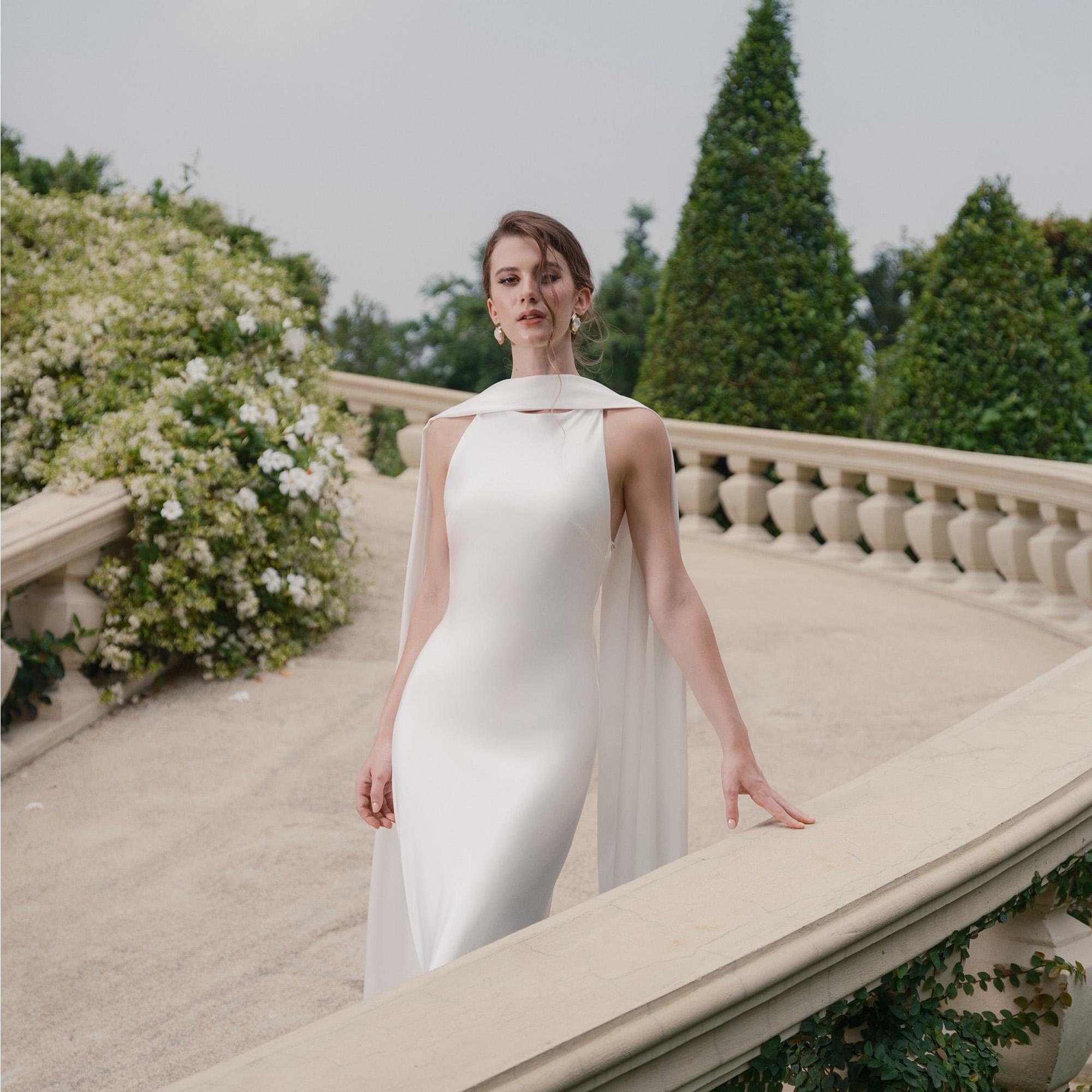 Silk Wedding Dress with Detachable Scarf Minimalist White Long Satin Bridal Gown