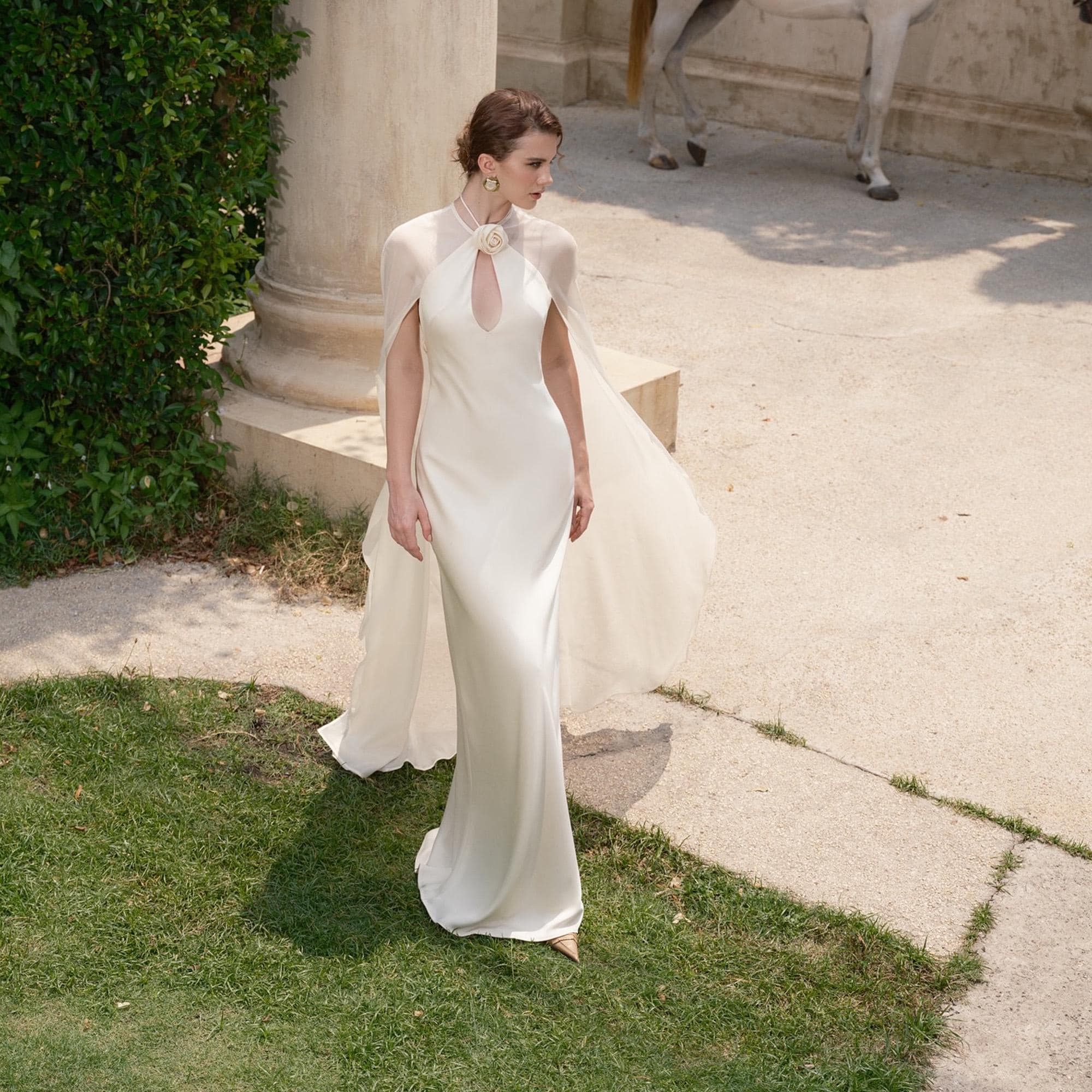 White Silk Cape Wedding Dress High Neck Elegant Maxi Gown