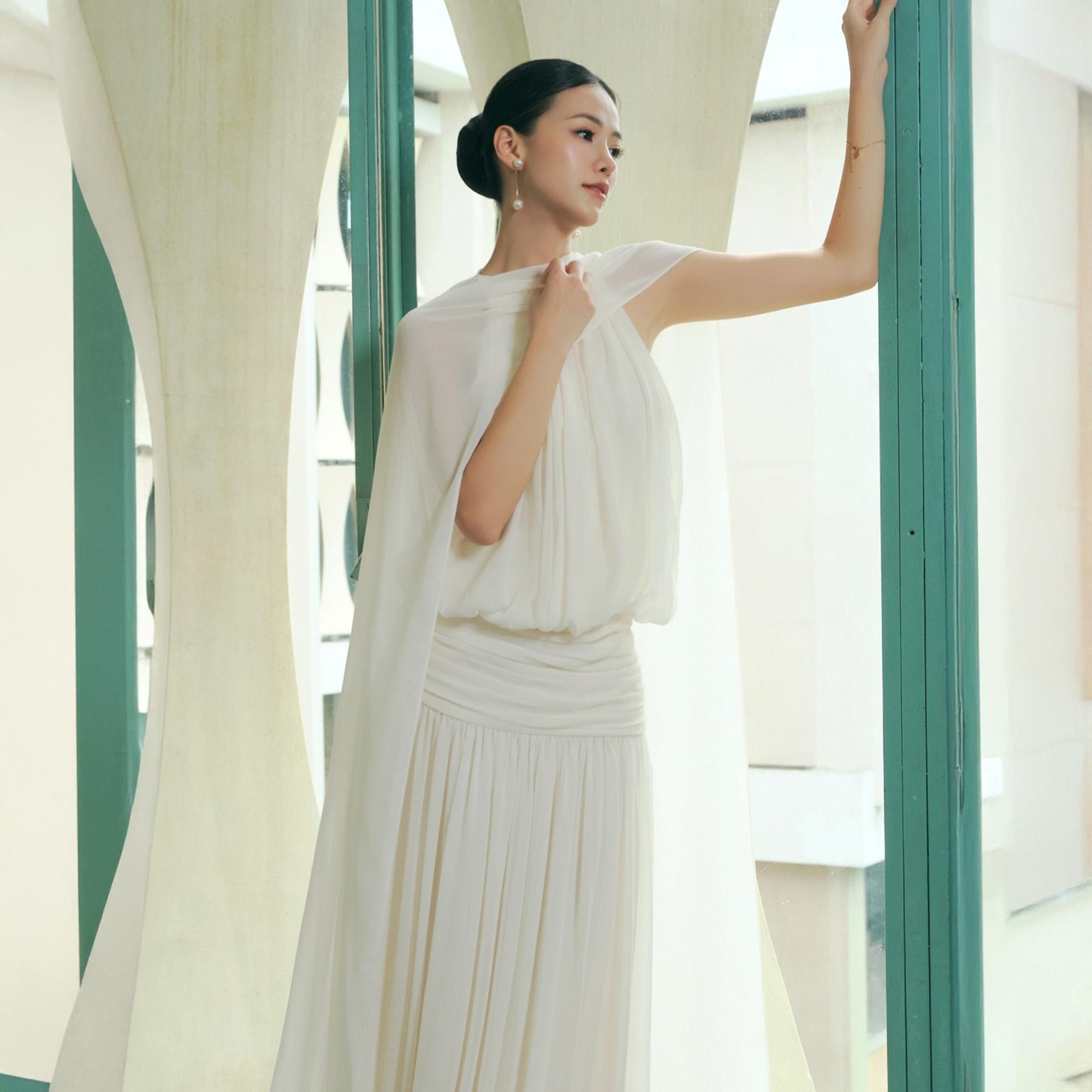 Backless Silk Chiffon Halter Neck Long Wedding Guest Gown