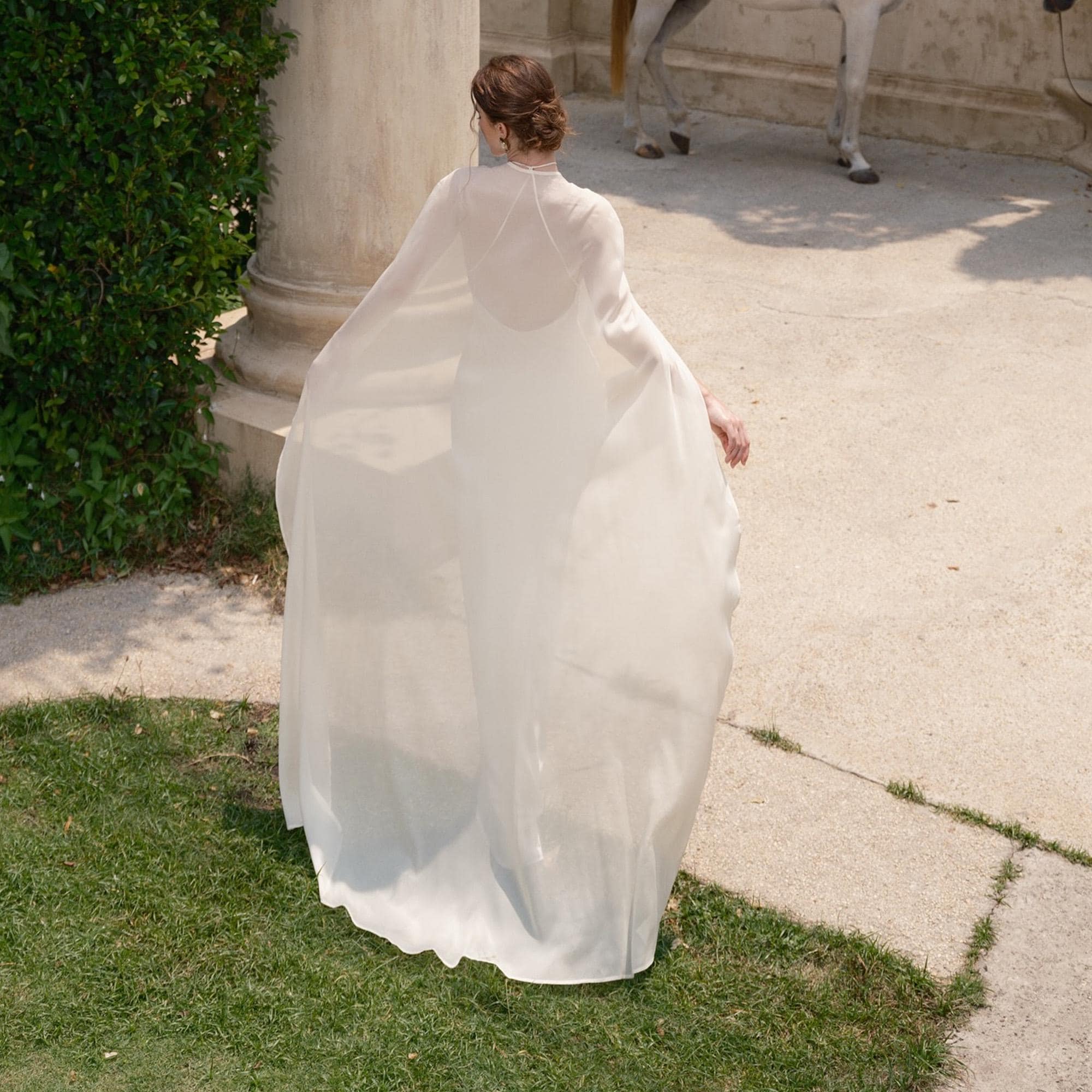 White Silk Cape Wedding Dress High Neck Elegant Maxi Gown