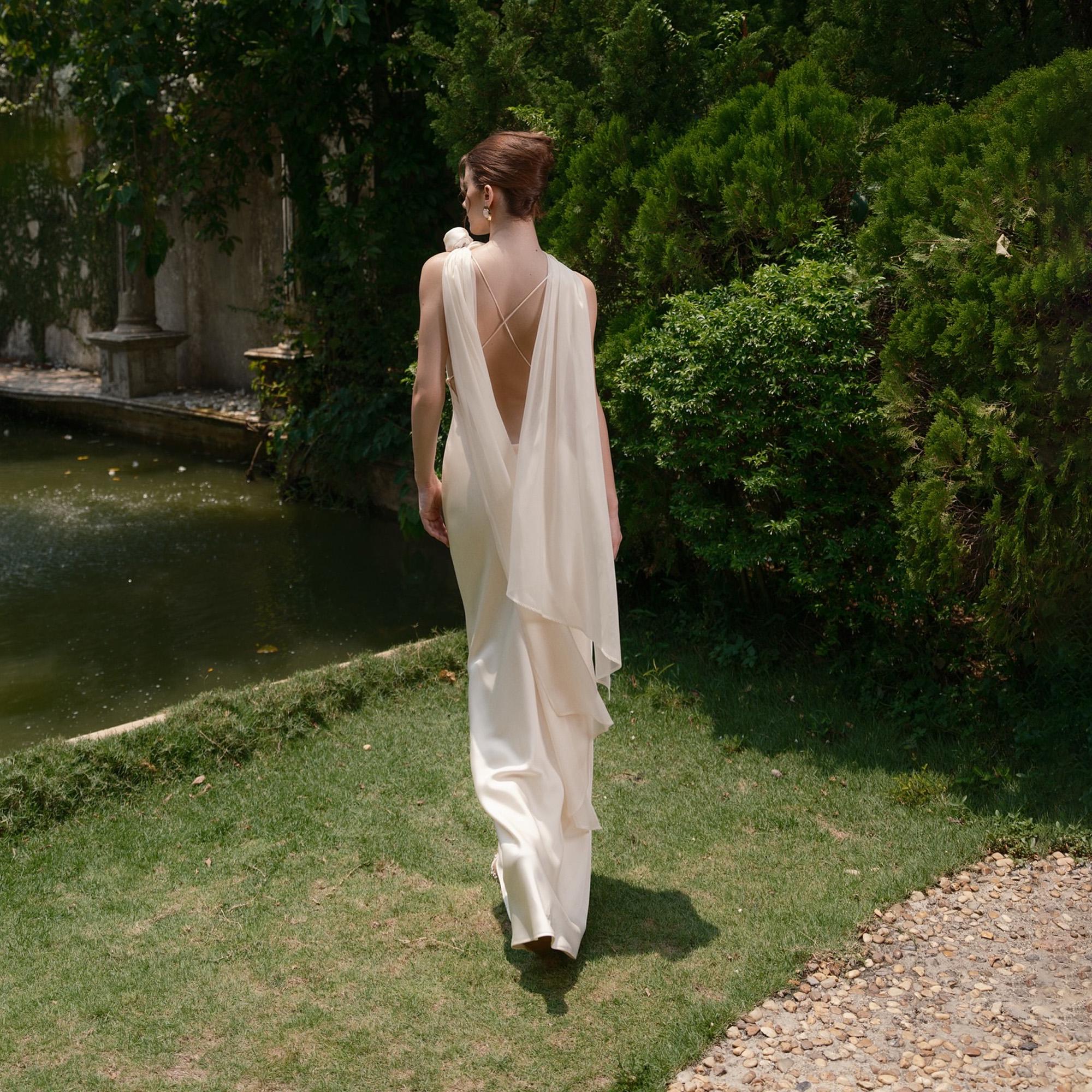 White Silk Cowl Neck Wedding Dress with Cape